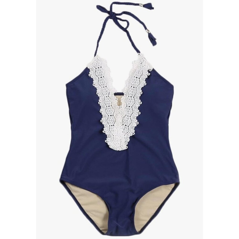 Navy Blue Monokini V-Neck One-Piece Swimsuit Low Back Halter Sexy Minimalist